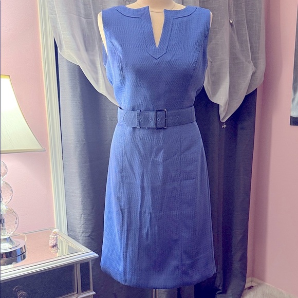 Tahari ASL Blue Textured Midi Dress with Belt - Picture 1 of 8